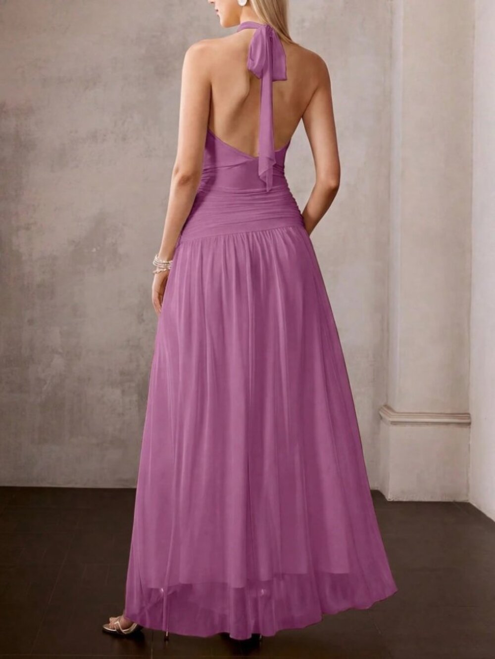 Orchid Purple Mesh Halter Maxi Dress with Thigh Slit - Picture 3 of 6